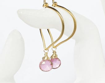 Pink Quartz Gold Vermeil Hoops, Briolette Gemstone Earrings, Medium or Large