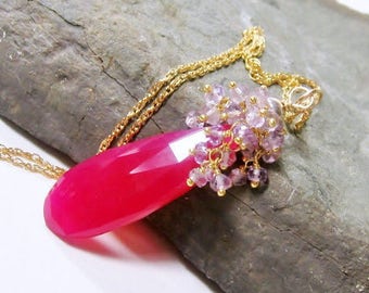 Gemstone Pendant, Ruby Red Chalcedony, Amethyst Cluster, Gold, Elongated