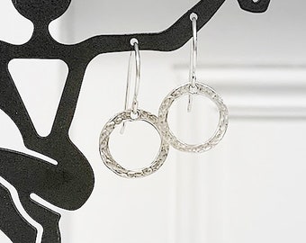 Circle Earrings, Simple Drop Earrings, Hammered Open Circle Dangles, Sterling Silver Circle Earrings, Minimalist