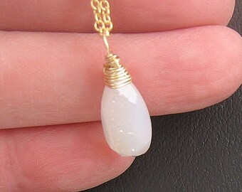 White Druzy Solitaire Neckace in Gold, Gemstone Pendant, Layering Necklace