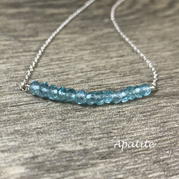 Aqua Apatite Necklace, Gemstone Bar Necklace, Sterling Silver, Beaded Gemstones, Layering Necklace, Gifts for Her, Dainty
