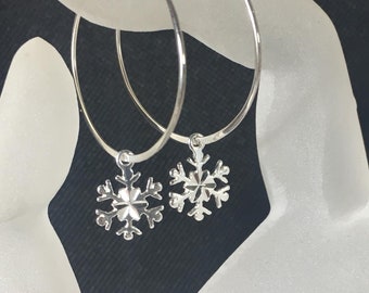 Snowflake Earrings, Silver Snowflake Hoop Earrings,  Winter Wonderland, Snowflake Dangle Earrings, Sterling Silver, Gifts for Her