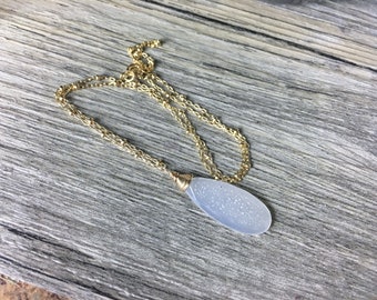 White Druzy Pendant, Gold Filled, Gemstone Briolette, Winter Jewelry, Gifts for her, Druzy Necklace