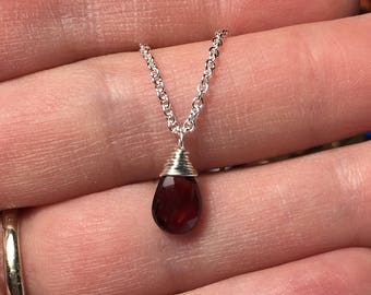 Garnet Necklace, January Birthstone, Petite Briolette Gemstone, Garnet Pendant, Minimalist, Sterling Silver