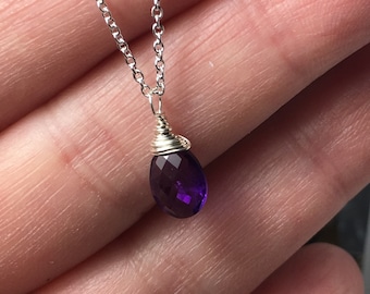 Amethyst Necklace, Dainty February Birthstone, Sterling Silver Wire Wrapped Gemstone Pendant, Birthstone Necklace