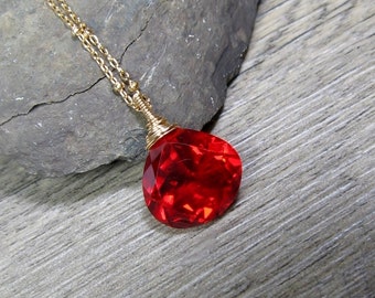 Red Quartz Necklace, Layering Solitaire Pendant, Wire Wrapped Gemstone, Gold Fill Necklace, Gift for Her, Length 20"