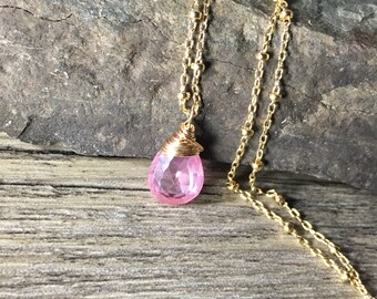 Pink Quartz Gold Necklace, Simple Briolette Pendant, Minimalist, Gifts for Her, Soft Pink, Petite Gemstone, Gold Filled