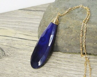 Gemstone pendant, chalcedony, two tone deep purple, elongated gemstone necklace, gold filled, 20", layering