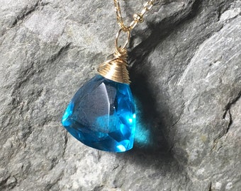 Blue Quartz Solitaire Wire Wrapped Gemstone Necklace, Trillion Cut, Gold Filled Pendant, Long Layering Length 20"