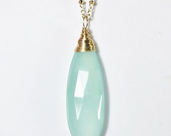 Aqua Chalcedony Necklace, Elongated Gemstone Pendant, Length 20", Pastel Blue Aqua Gold Necklace, Layering Pendant, Beach Jewelry