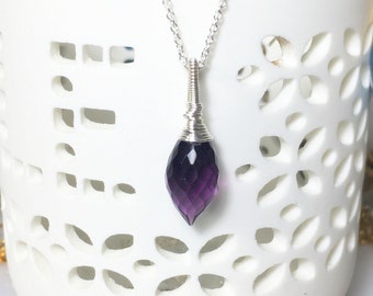 Dark Amethyst Necklace, Sterling Silver Wire Wrapped Pendant, February Birthstone, Amethyst Gemstone Layering Necklace