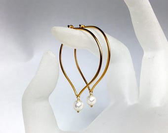 Gold Hoop Earrings, White Pearl Hoop Ear Wires, Gold Vermeil Ear Wires, Pearl Earrings,  Medium Hoop Ear Wires, Gift for Her, Matte Finish