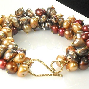 Chunky Pearl Cluster Bracelet, Brown Freshwater Hand Linked, Gold Pearl Bracelet, Statement Bracelet