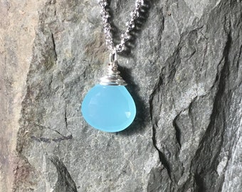 Aqua Chalcedony Briolette Necklace, Sterling Silver Gemstone Pendant, Length 18", Gifts for Her