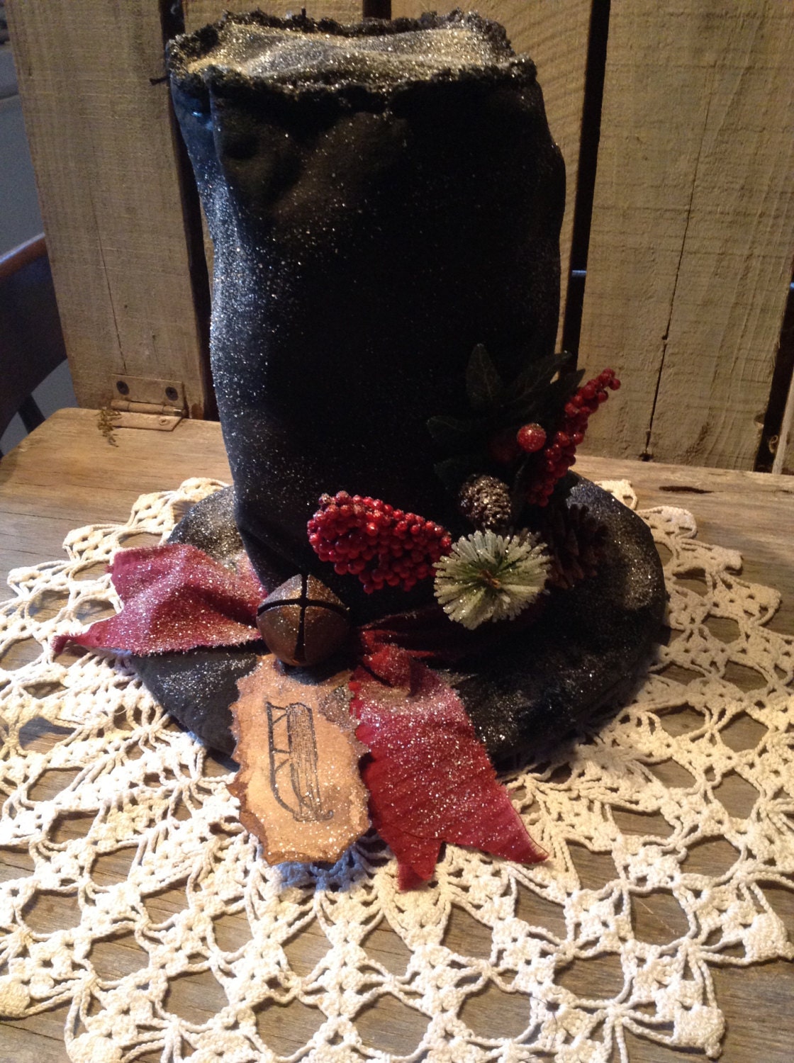 Primitive Grungy Christmas Tree topper Snowman pattern folk | Etsy