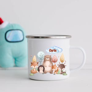 Children&#39;s mug with forest animals and name | Personalized enamel mug | Autumn mug for children | Kindergarten enrollment gift, daycare mug