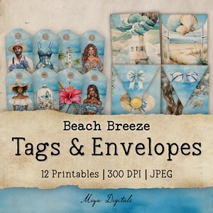 Può includere: Tag e buste ad acquerello a tema spiaggia. I tag presentano illustrazioni di persone, un faro e fiori. Le buste hanno immagini di onde, conchiglie e una scena di spiaggia. Il testo recita "Beach Breeze Tags & Envelopes".