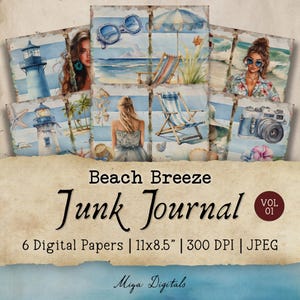 Beach Breeze Junk Journal, 6 Digital Papers, Printable Collage Sheet, Blue Summer, Ocean Waves, Coastal Instant Digital Download JPEG MD05 1