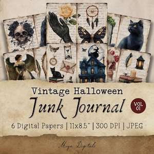 vintage Halloween Junk Journal, 6 papiers numériques, feuille de collage imprimable, effrayant, rétro, gothique, téléchargement numérique instantané JPEG MD06 1