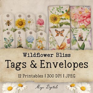 Wildflower Bliss Junk Journal, Tags and Envelope, Printable Collage Sheet, Vintage, Floral, Botanical, Instant Digital Download, JPEG, MD01