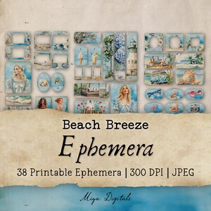 Beach Breeze Junk Journal Ephemera, 38 Ephemera Cards, Printable Extra, Blue Summer, Ocean Waves, Coastal Instant Digital Download JPEG MD05