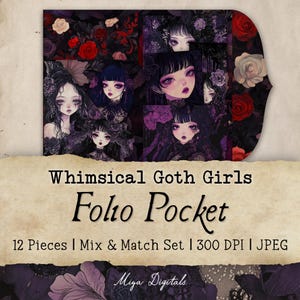 Whimsical Goth Girls Junk Journal Folio, 12 Piece Mix & Match Set, Vintage Printable Kit Dark Dollcore, Instant Digital Download, JPEG, MD02