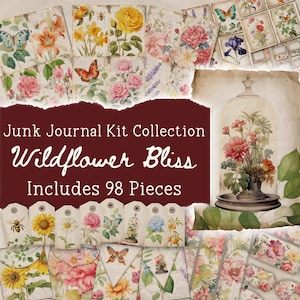 Wildblumen Bliss Junk Journal Kit Sammlung, 98 Druckbare Teile, Journal Seiten, Karte, Ephemera, Tags, Umschläge, Folio Pocket, JPEG, MD01