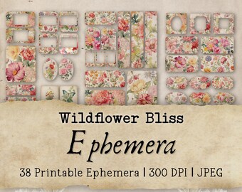 Wildflower Bliss Junk Journal Ephemera, 38 Ephemera Cards, Printable Extra, Vintage, Floral, Botanical, Instant Digital Download, JPEG, MD01