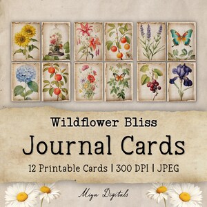 Wildflower Bliss Junk Journal, 12 Journal Cards,  Printable Collage Sheet, Vintage, Floral, Botanical, Instant Digital Download, JPEG, MD01