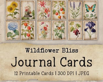 Wildflower Bliss Junk Journal, 12 Journal Cards,  Printable Collage Sheet, Vintage, Floral, Botanical, Instant Digital Download, JPEG, MD01