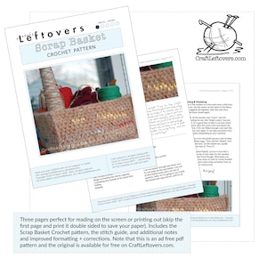 Könnte beinhalten: Eine Häkelanleitung für einen Reststoffkorb mit einem Foto des fertigen Projekts. Die Anleitung enthält Anweisungen zum Häkeln des Korbs sowie eine Maschenanleitung und zusätzliche Hinweise. Die Anleitung ist kostenlos auf CraftLeftovers.com verfügbar.