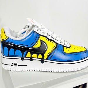 Hand-Painted Comic Drip Air Force 1 Sneakers: Custom Blue & Yellow AF1 Shoes