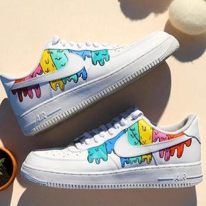 Custom Air Force 1 White Sneakers with Colorful Drip Swoosh Design, Hand Painted Rainbow Streetwear Shoes, Unique Custom Sneaker Gift