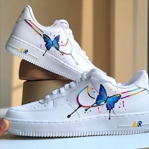 Hand-Painted Air Force 1 Sneakers: Blue Butterfly Design, Custom Streetwear