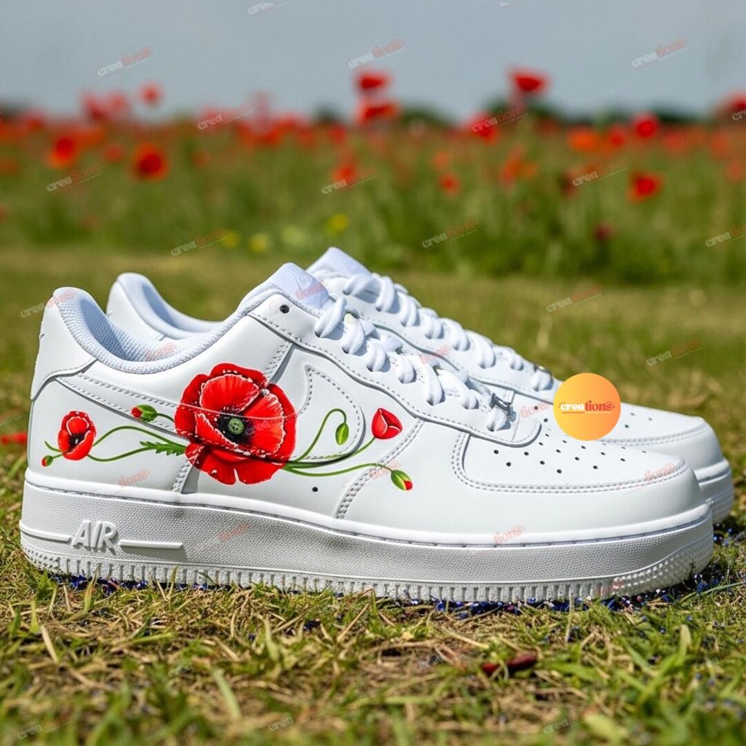 Hand-painted Poppy Flower Air Force Sneakers: Custom Botanical
