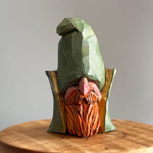 Hand Carved Wood Gnome Wizard: OOAK Painted Basswood Carving