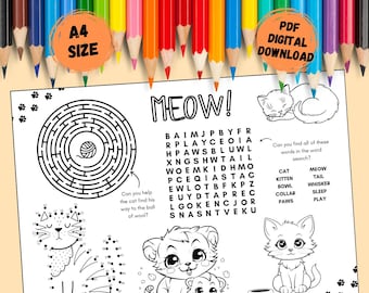 A4 Cats Activity Sheet - Printable PDF Digital Download