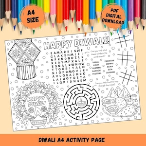 A4 Diwali Activity Page | Fun & Educational Diwali Coloring Puzzle Sheet | Digital Download PDF | Kids Diwali Craft Learning Printable