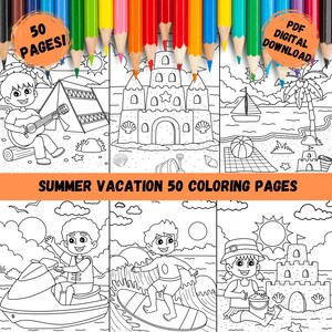Summer Vacation 50 Coloring Pages - US Letter and A4 Printable PDF Digital Downloads