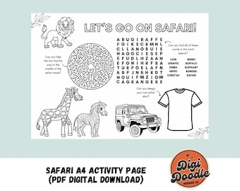 A4 Safari Activity Sheet - Printable PDF Digital Download