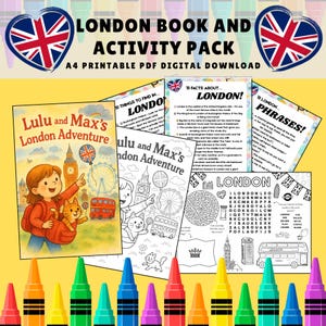 London activiteitenpakket voor kinderen | Lulu & Max Adventure Book + Kleurplaten + Games | Afdrukbaar op reis | Bezienswaardigheden in het VK | Digitale download