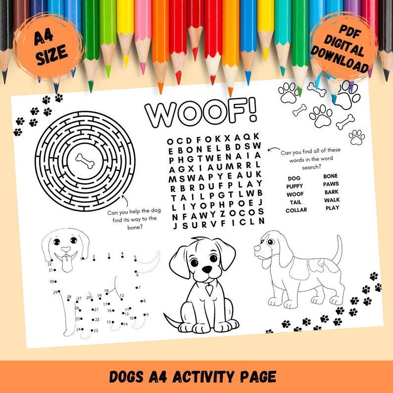 A4 Dogs Activity Sheet - Printable PDF Digital Download - Etsy