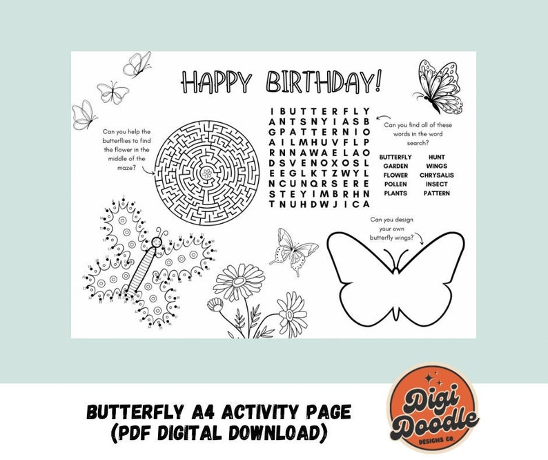 A4 Birthday Butterfly Activity Sheet - Printable PDF Digital Download ...
