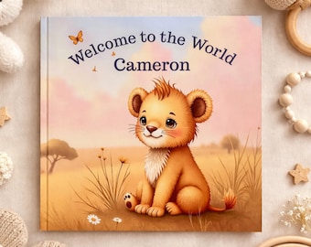 Personalised Baby Book – Custom Name Lion Story Keepsake (British/American English) - Soft Cover