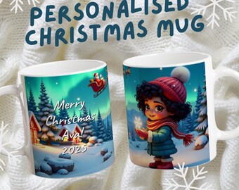 Personalisierte Weihnachtstasse | Schwarzes gelocktes Haar Mädchen Design