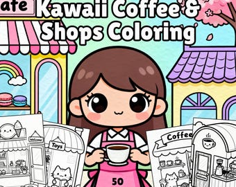 Kawaii Coffee Shops Coloring Book | 50 Page A4 Printable (PDF)