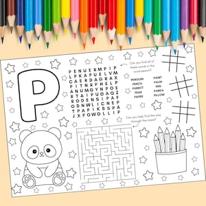 以下が含まれることがあります： パンダ、迷路、単語検索パズルが描かれた白黒の印刷可能なワークシート。単語検索には、鉛筆、絵の具、紙など、文房具に関連する単語が含まれています。ワークシートは星で飾られています。