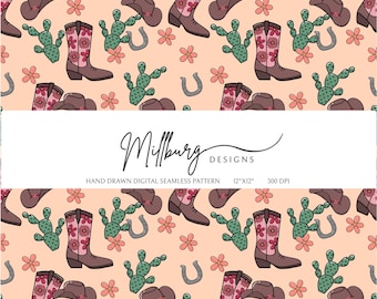 Naadloos western cowgirl-patroon | Cowboylaarzen, hoeden en cactus digitaal papier | Leuk westernpatroon voor stof en handwerk