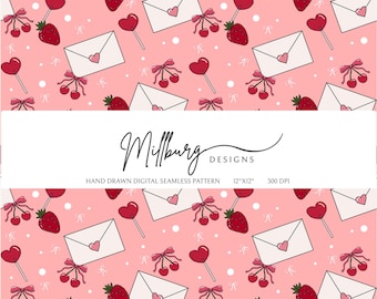 Patrón sin costuras de San Valentín con cerezas y bayas / Papel digital "Amor de fresa y cereza" / Lindo patrón romántico de San Valentín para telas y manualidades