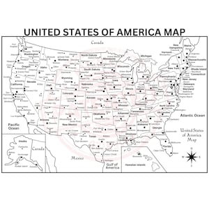 Peut inclure: Une carte en noir et blanc des &Eacute;tats-Unis d'Am&eacute;rique avec les fronti&egrave;res des &Eacute;tats et les principales villes indiqu&eacute;es. La carte comprend l'Alaska et Hawa&iuml;. La carte est entour&eacute;e d'une bordure blanche.